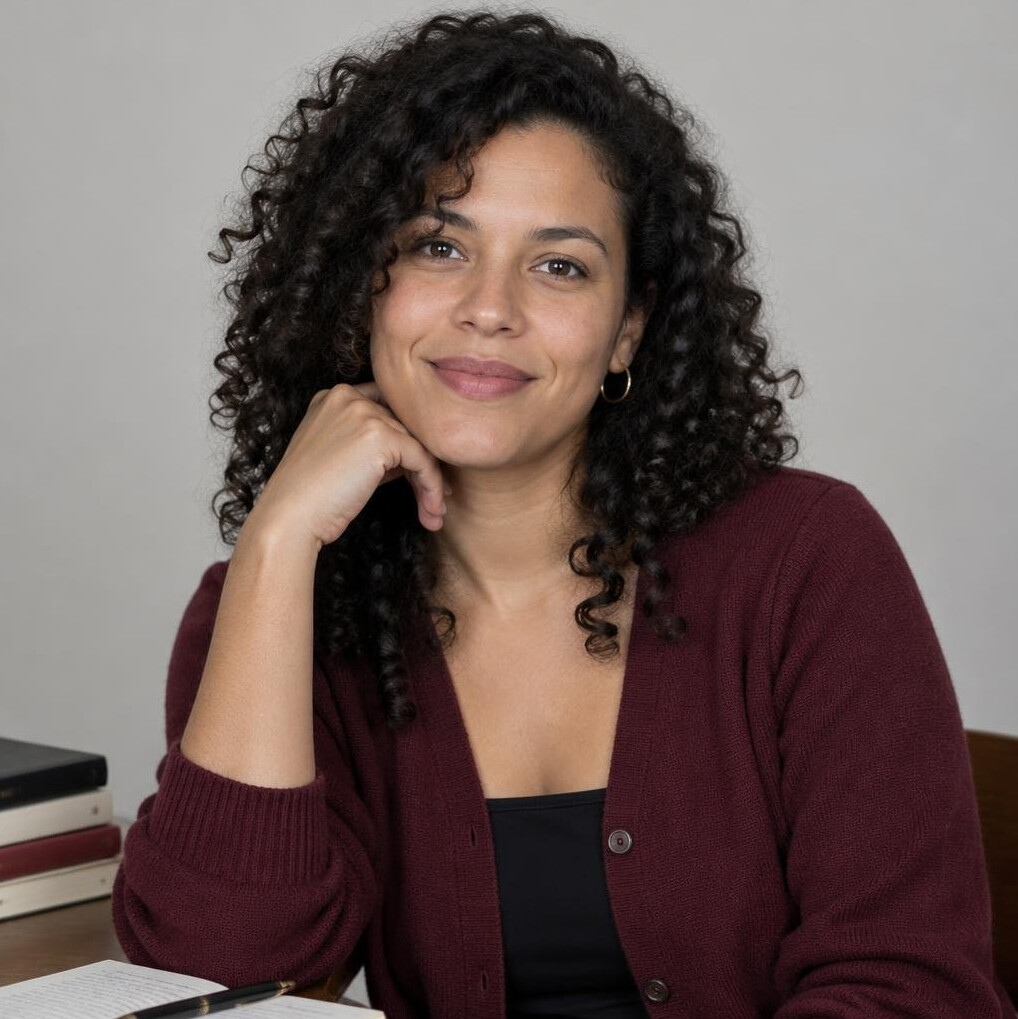 Portrait of a young Uruguayan woman writer with curly hair