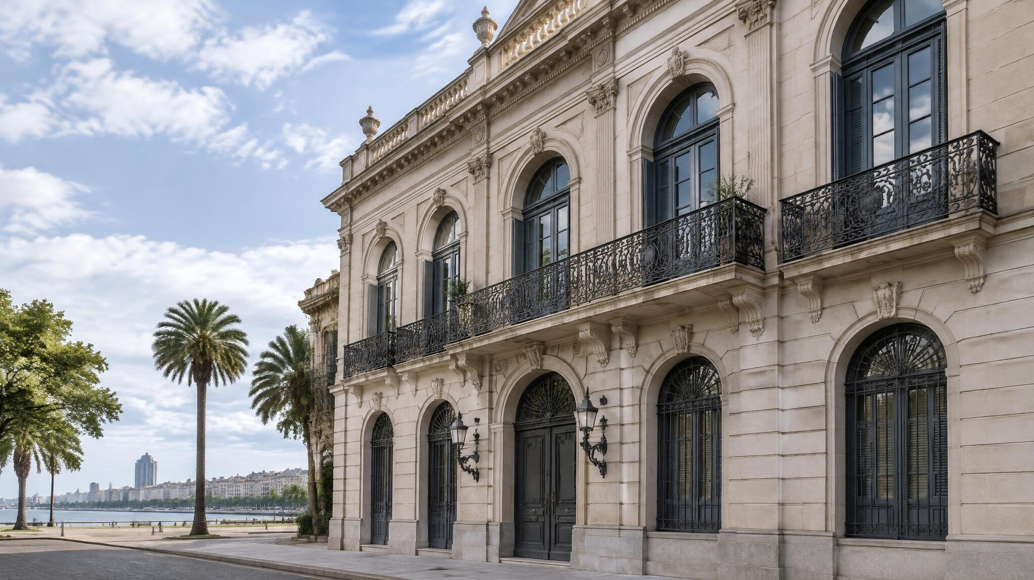 Historic building facade in Montevideo with arched windows