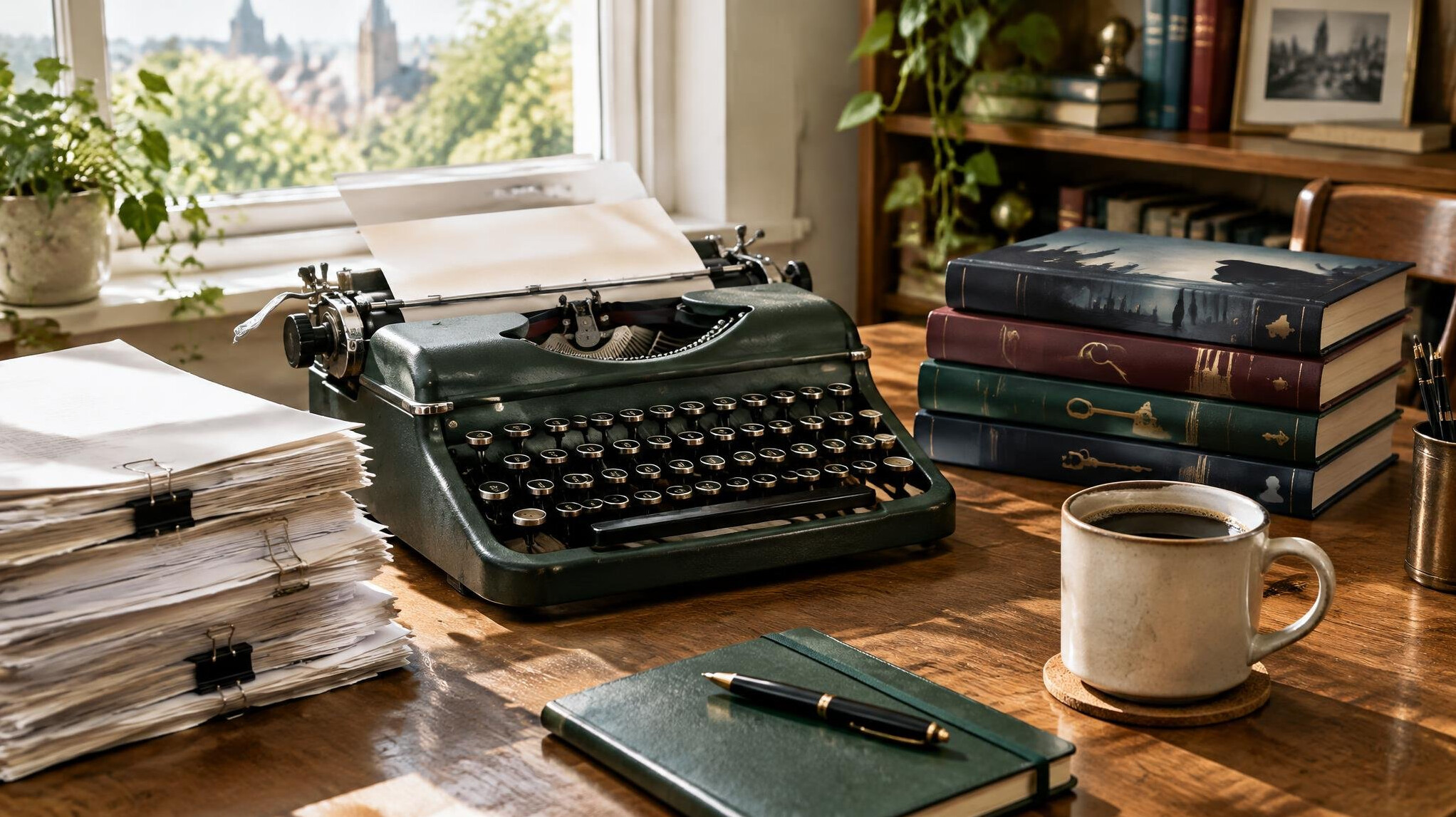Editorial workspace with manuscripts, books and a typewriter